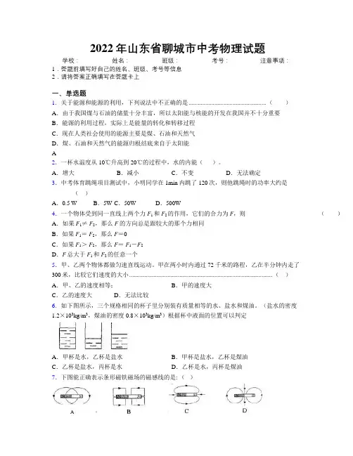 2022年山东省聊城市中考物理试题及解析