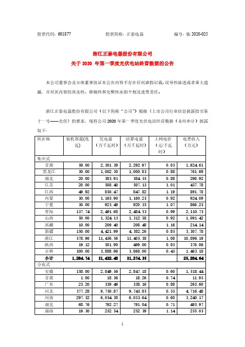 正泰电器：关于2020年第一季度光伏电站经营数据的公告
