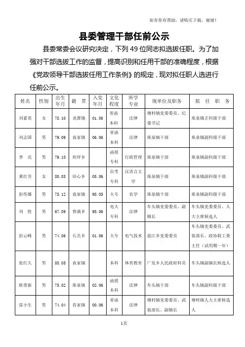 县委管理干部任前公示