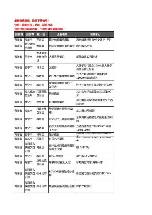 新版青海省婚纱摄影企业公司商家户名录单联系方式地址大全122家