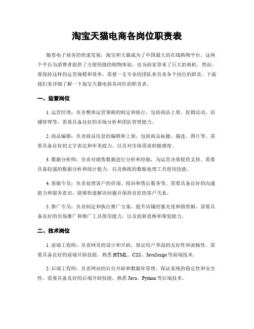 淘宝天猫电商各岗位职责表