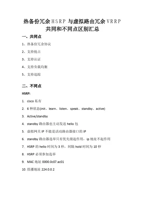 热备份冗余HSRP与虚拟路由冗余VRRP共同和不同点对比汇总