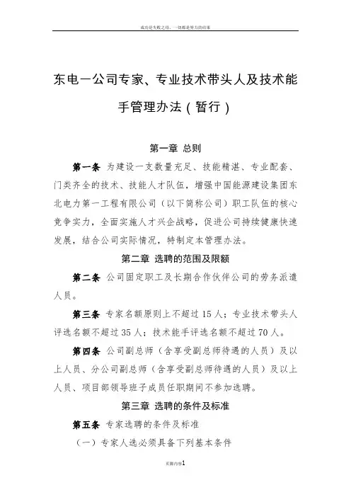 东电一公司专家、专业技术带头人及技术能手管理办法(暂行)