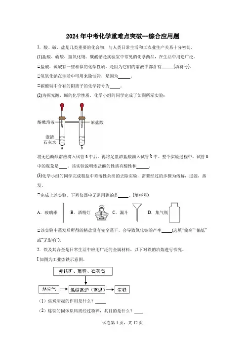 2024年中考化学重难点突破----综合应用题