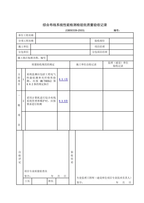 综合布线系统性能检测检验批质量验收记录