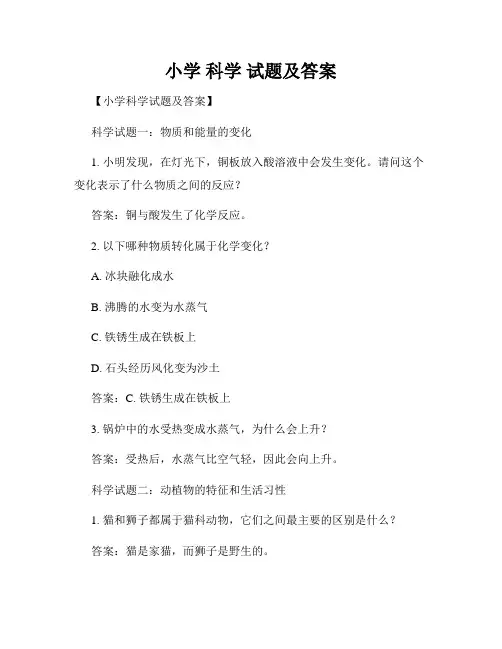 小学 科学 试题及答案