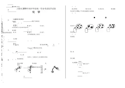 2019年上海市中考化学试卷(含答案与解析)