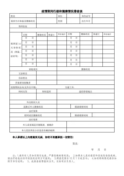 疫情期间行踪和健康情况排查表