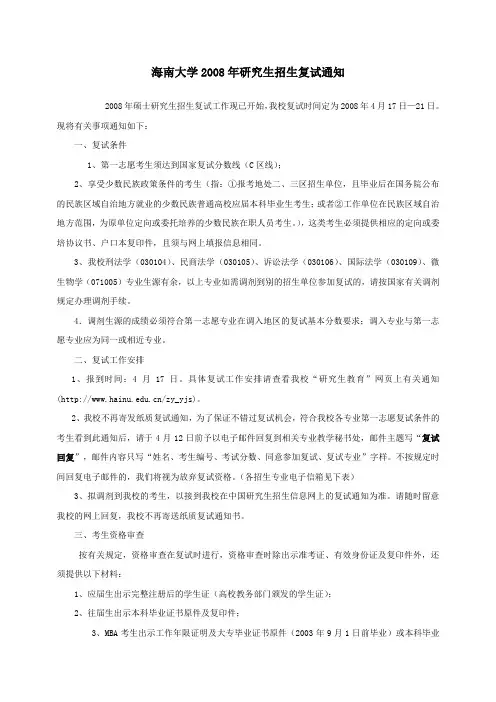 海南大学2008年研究生招生复试通知