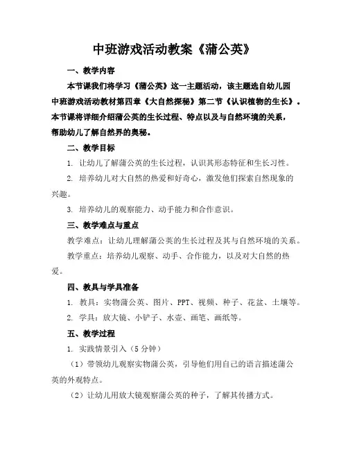 中班游戏活动教案《蒲公英》