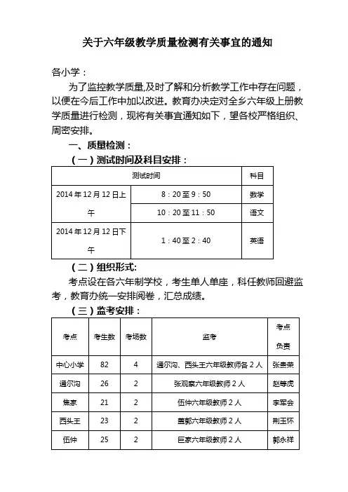 关于2014年秋季学期六年级期末质量检测有关事宜的通知