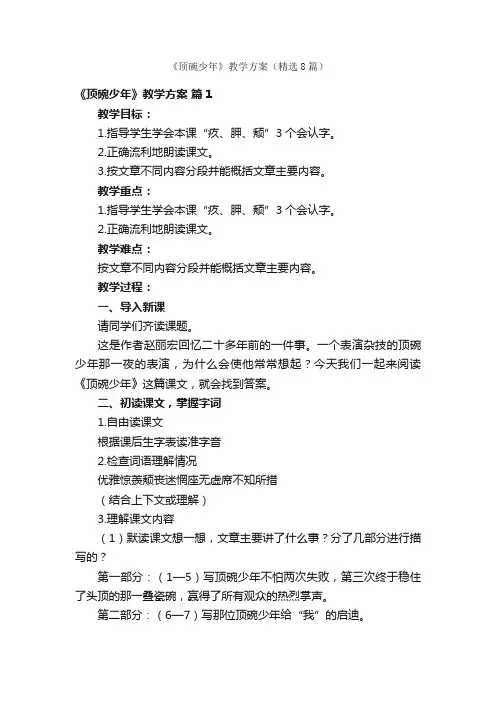 《顶碗少年》教学方案（精选8篇）