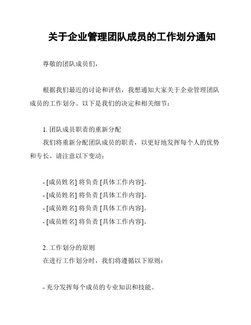 关于企业管理团队成员的工作划分通知