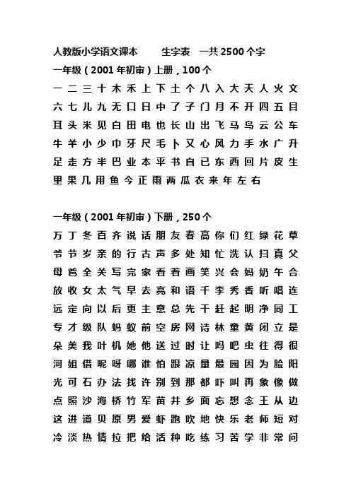 人教版小学语文课本生字表(2500字)