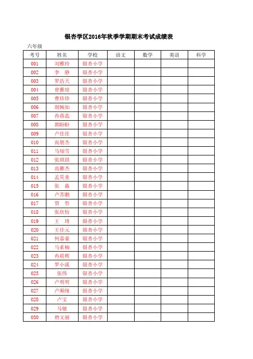 2016年秋季期末考试考号表及登分表