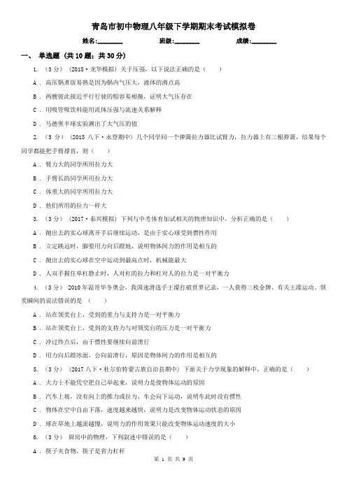 青岛市初中物理八年级下学期期末考试模拟卷