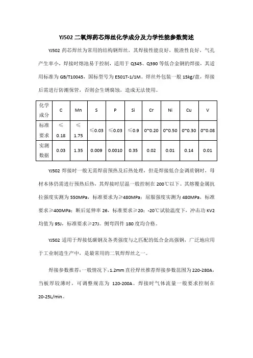 YJ502二氧焊药芯焊丝化学及力学性能参数
