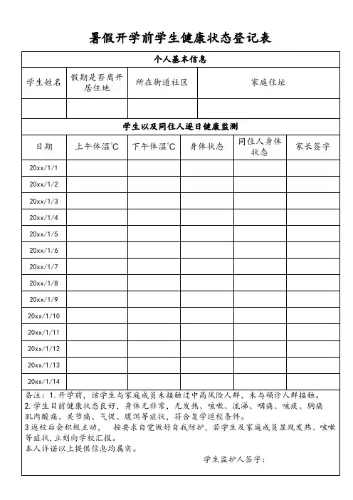 开学前学生健康状况登记表