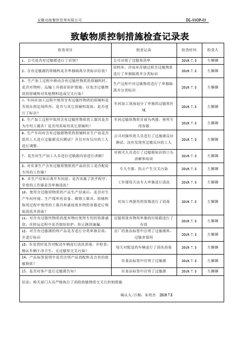 致敏物质控制措施检查记录表