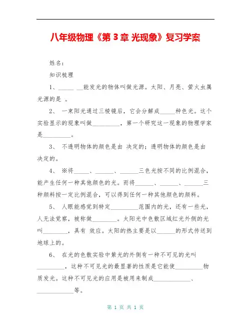 八年级物理《第3章 光现象》复习学案
