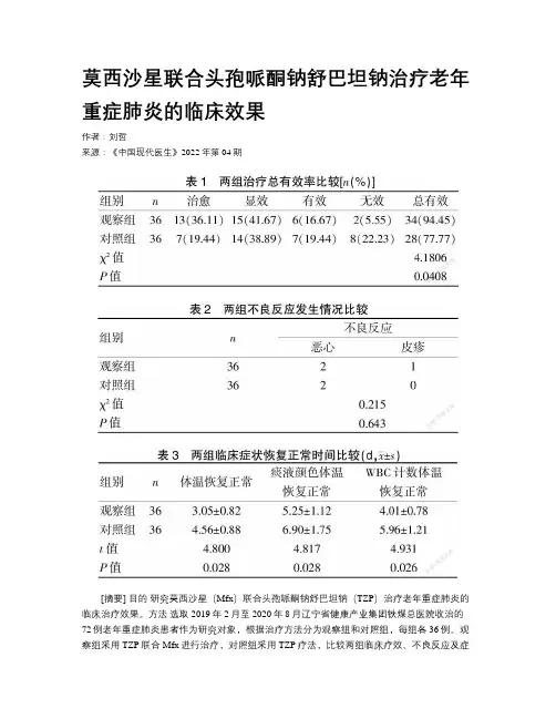 莫西沙星联合头孢哌酮钠舒巴坦钠治疗老年重症肺炎的临床效果 
