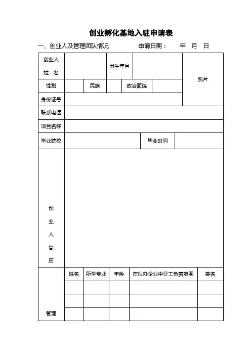 创业孵化基地入驻申请表