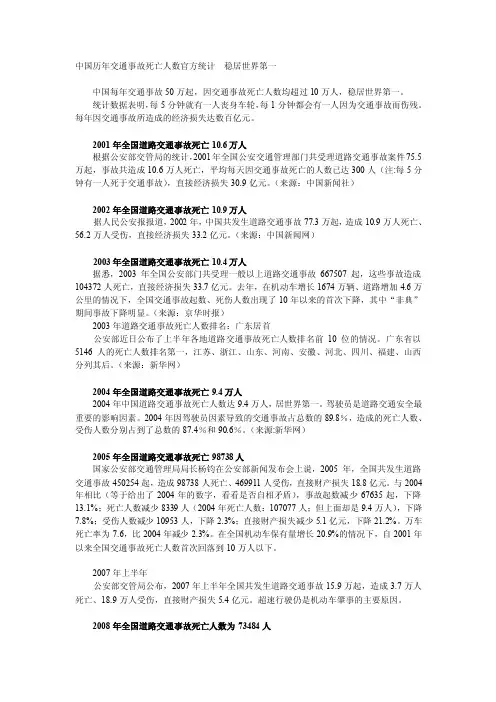 中国历年交通事故死亡人数官方统计稳居世界第一