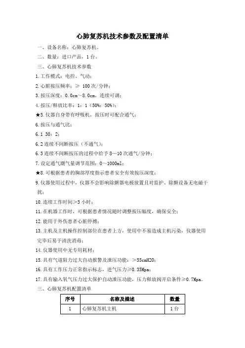 心肺复苏机技术参数及配置清单