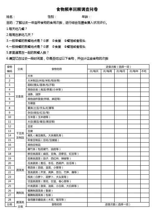 营养师膳食频率回顾调查问卷