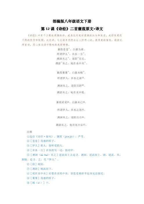 部编版八年级语文下册第12课《诗经》二首蒹葭原文+译文