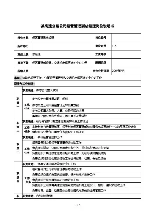 某高速公路公司经营管理副总经理岗位说明书