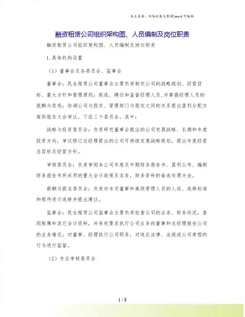 融资租赁公司组织架构图、人员编制及岗位职责