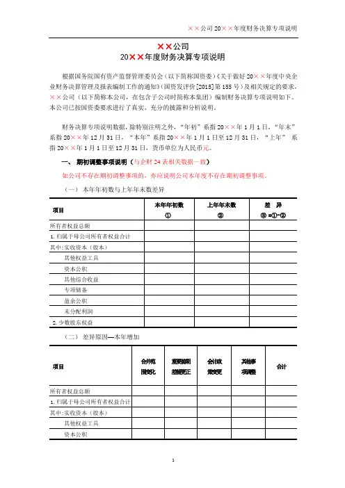 中央国企财务决算专项说明模板综述.