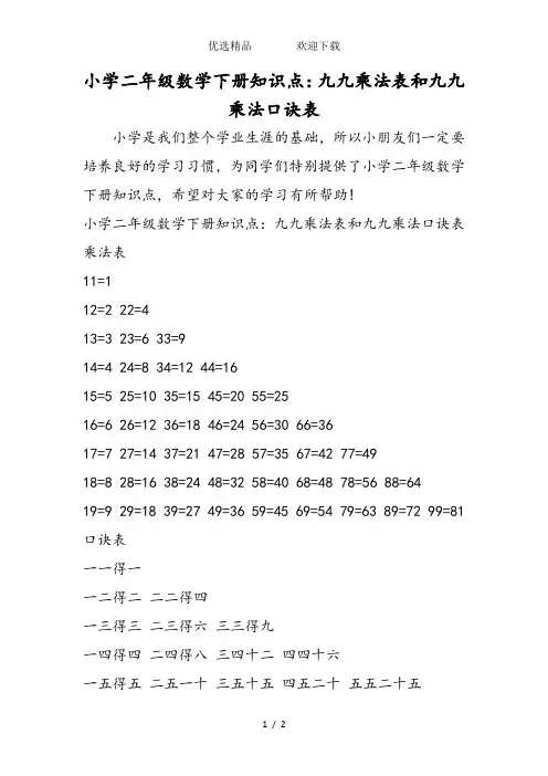小学二年级数学下册知识点：九九乘法表和九九乘法口诀表