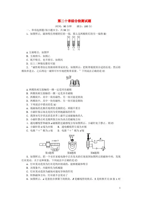 柞水县第一中学九年级物理全册 第二十章 电与磁综合检测试题新人教版