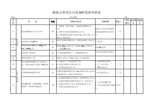 维修主管岗位月度KPI绩效考核表