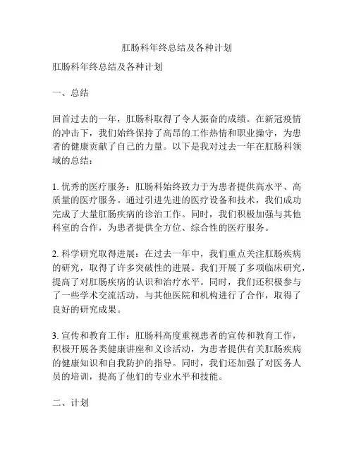 肛肠科年终总结及各种计划