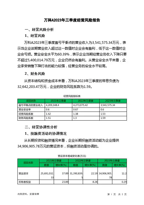 000002万科A2023年三季度经营风险报告