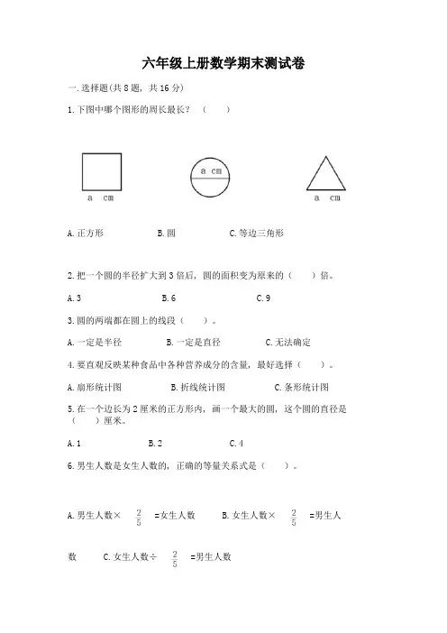 六年级上册数学期末测试卷及参考答案【模拟题】