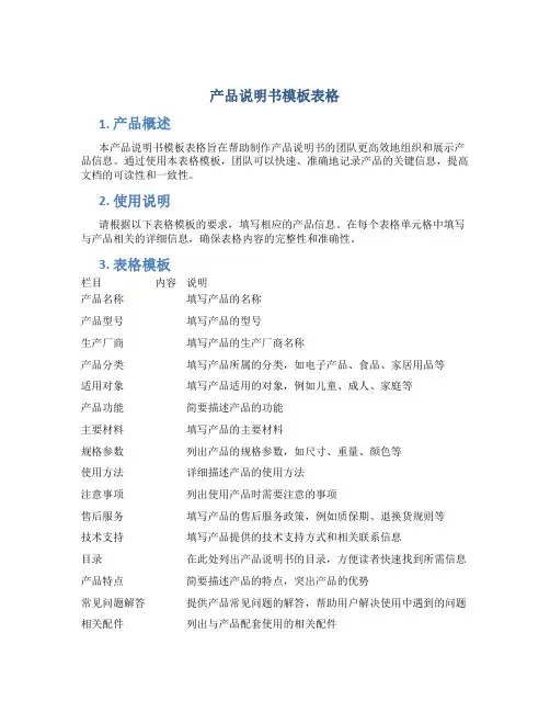 产品说明书模板表格