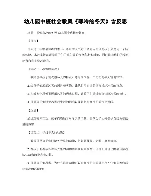 幼儿园中班社会教案《寒冷的冬天》含反思