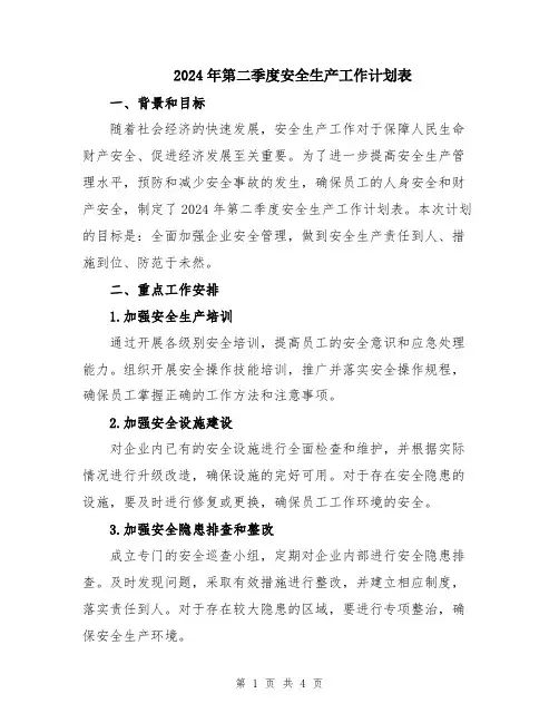 2024年第二季度安全生产工作计划表