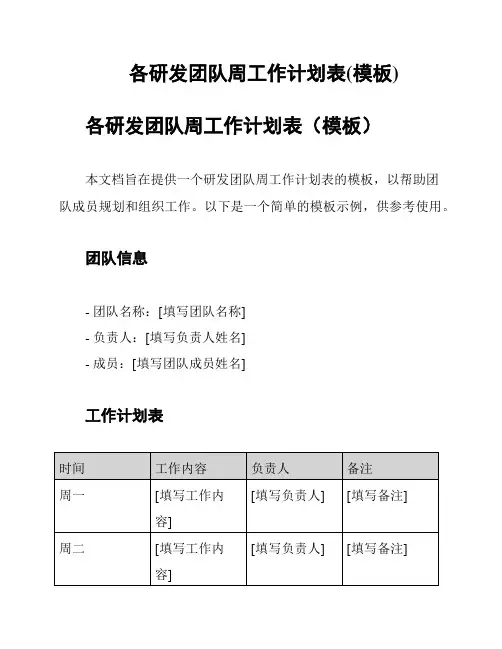 各研发团队周工作计划表(模板)