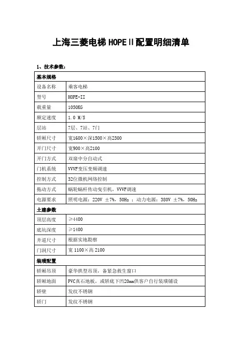 上海三菱电梯HOPEⅡ配置明细清单