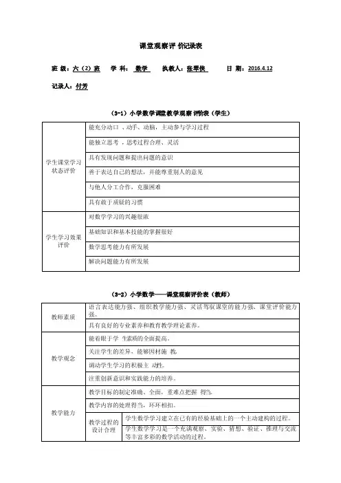 课堂观察评价记录表
