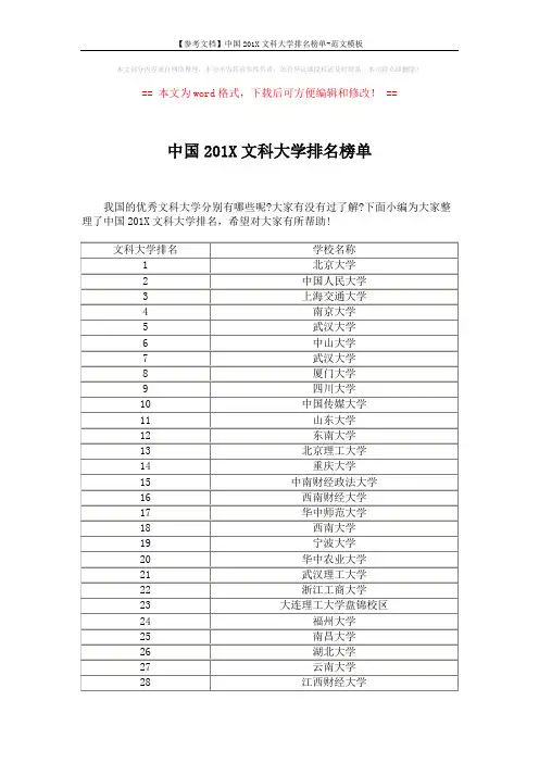 【参考文档】中国201X文科大学排名榜单-范文模板 (4页)