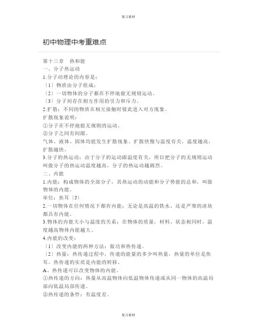 初中物理中考重难点