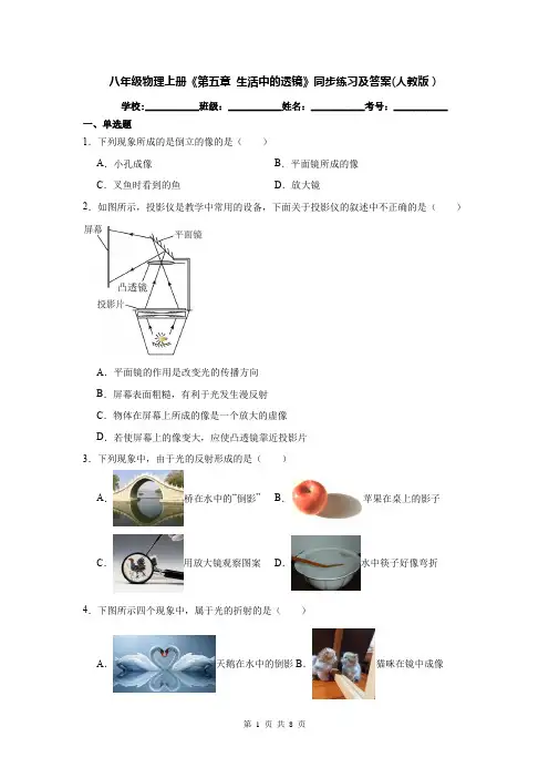 八年级物理上册《第五章 生活中的透镜》同步练习及答案(人教版)