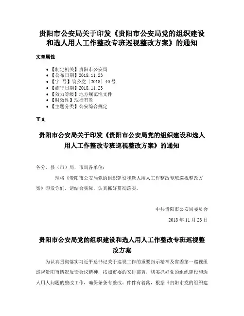 贵阳市公安局关于印发《贵阳市公安局党的组织建设和选人用人工作整改专班巡视整改方案》的通知