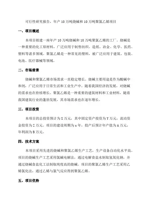 年产10万吨烧碱10万吨聚氯乙烯项目可行性研究报告
